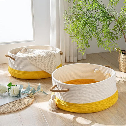 KAKAMAY Woven Baskets for Storage(16"x8"),Blanket Basket for Organizing Living Room,Cotton Rope Basket Woven Baby Laundry Hamper,Collapsible Laundry Room Organization,Clothes,Toy Chest(Yellow)