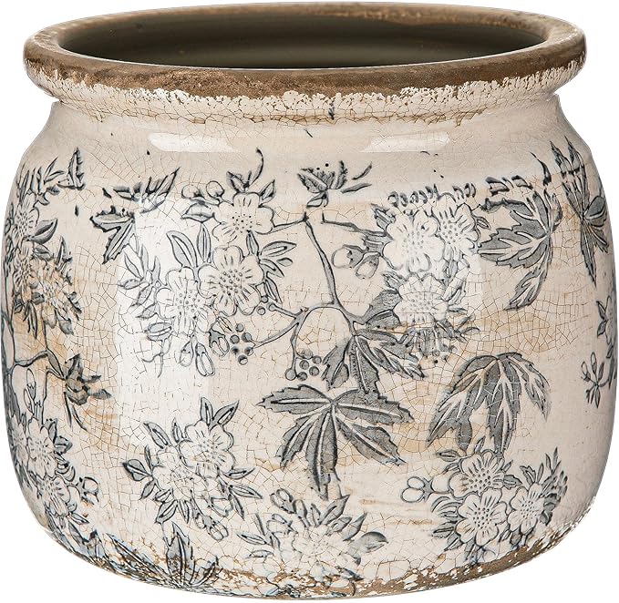 7.7" Large Vintage Ceramic Plant Pot with Baroque Floral Pattern Beige Gray Rustic Planter with Ice Crackle Glaze & Drainage Hole for Indoor Outdoor Plants Home Office Kitchen Decor Gift