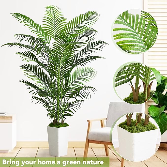 Artificial Palm Tree Indoor, 6FT Fake Floor Plants Large Tropical Silk Plant with White Tall Planter, Faux Areca Palm Plant Artificial Tree in Pot for Home Room Office Outdoor Patio Decor