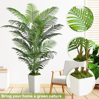 Artificial Palm Tree Indoor, 6FT Fake Floor Plants Large Tropical Silk Plant with White Tall Planter, Faux Areca Palm Plant Artificial Tree in Pot for Home Room Office Outdoor Patio Decor