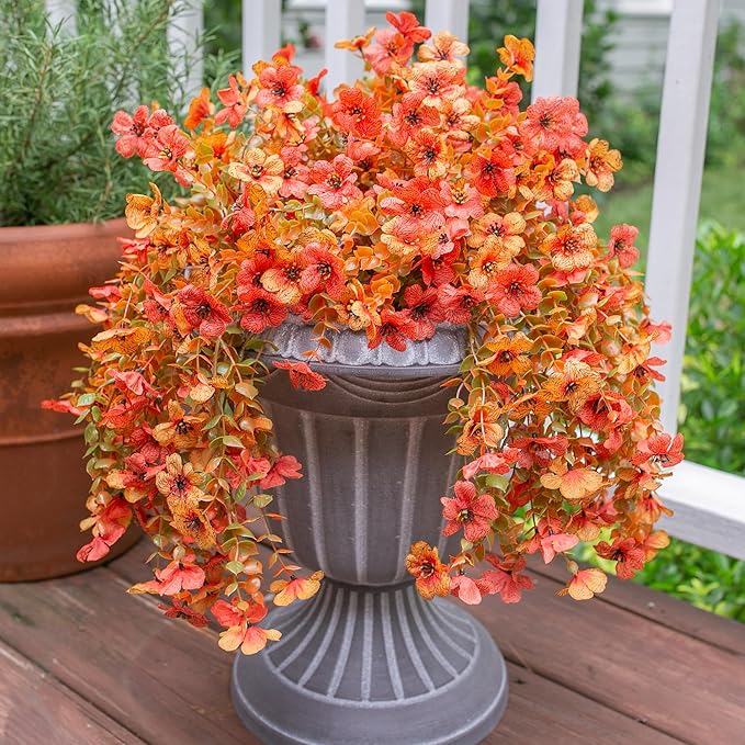 HyeFlora Artificial Flowers for Outdoors Fall Decoration, 2Pcs Fall Orange Yellow Hanging Flowers with Autumn Eucalyptus Leaves Faux Silk Flower Decor for Home Porch Patio Balcony Planter Yard