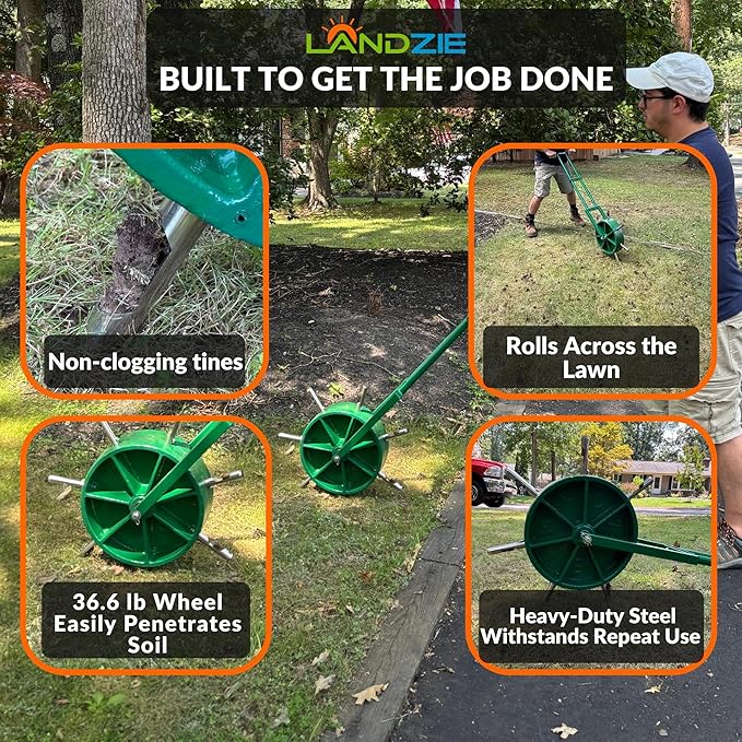 Landzie AeroCore Rolling Lawn Aerator – Manual Core Plug Aerator with Chamfered Hollow Tines – Heavy-Duty 38.8 Pound Wheel Aerator Lawn Tool – Push Yard Aerator Aeration Tool (Single)