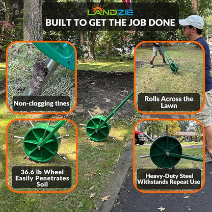 Landzie AeroCore Rolling Lawn Aerator – Manual Core Plug Aerator with Chamfered Hollow Tines – Heavy-Duty 38.8 Pound Wheel Aerator Lawn Tool – Push Yard Aerator Aeration Tool (Single)