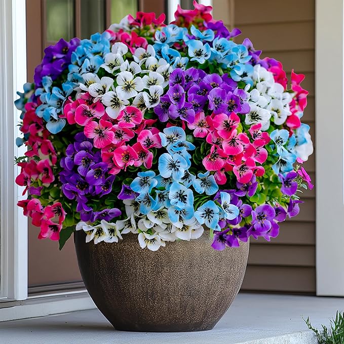 Artificial Pansies Outdoor Fake Plants - 16 Bundles UV Resistant No Fade Faux Shrubs Plastic Greenery Home Garden Porch Patio Decoration (16, Mixed03)