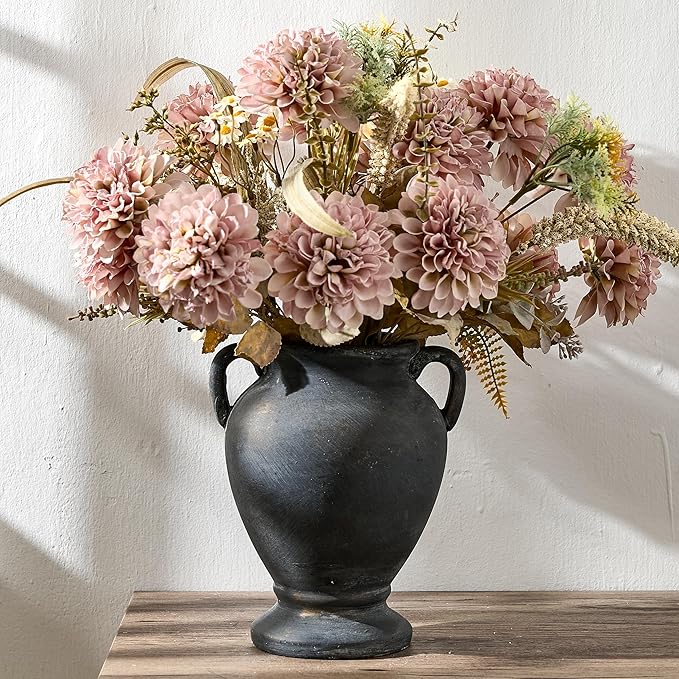 Ceramic Rustic Flower Vase with Handles, 8.36 Inch Tall Vintage Pottery Home Decor, Farmhouse Terracotta Vase for Living Room, Table, Shelf, Mantel Decoration, Farmhouse- Black Bronze