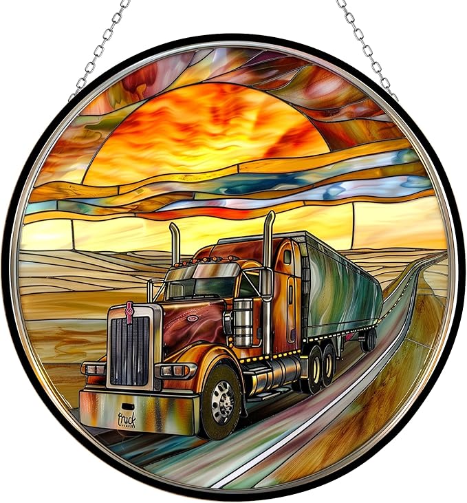 Customized Semi Truck Suncatchers for Windows,6.3” Stained Glass Window Hangings,Hand-Painted Glass Panel Perfect for Home Décor