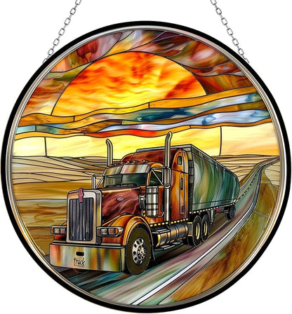 Customized Semi Truck Suncatchers for Windows,6.3” Stained Glass Window Hangings,Hand-Painted Glass Panel Perfect for Home Décor