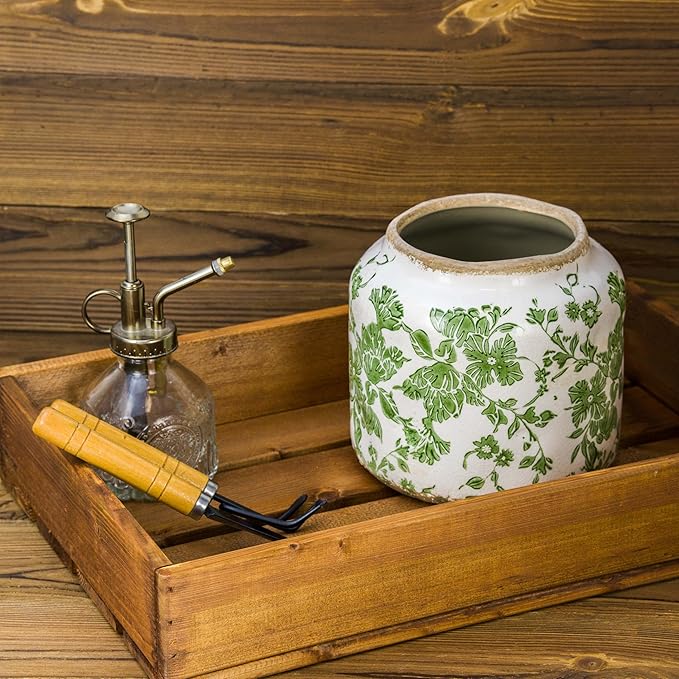 Ceramic Pot for Plant,Crackle Glaze Vintage Plant Pots with Drainage Hole,5.51inch Corrugated Surface Planter for Indoor (Green