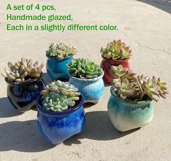 4PCS Small Ceramic Succulent Pots，Cute Glazed Handcraft Succulent Planters with Drainage Hole，3.8 inch Pots for Plants