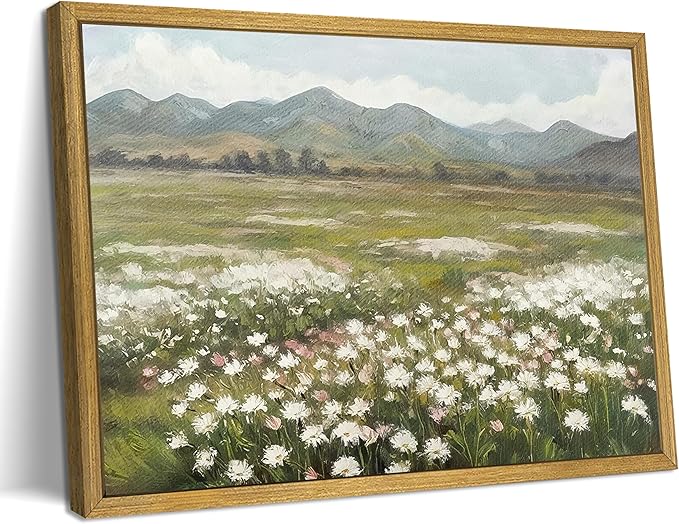 Framed Canvas Wall Art, Vintage Landscape Bathroom Wall Decor, Countryside Flower Field Classic Print Poster, Farmhouse Kitchen Oil Painting, large Artwork Living Room Home Decor 12x16 Inch