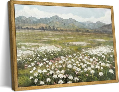 Framed Canvas Wall Art, Vintage Landscape Bathroom Wall Decor, Countryside Flower Field Classic Print Poster, Farmhouse Kitchen Oil Painting, large Artwork Living Room Home Decor 12x16 Inch