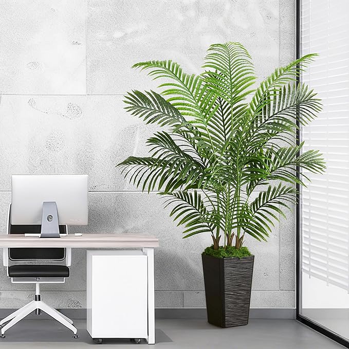 Artificial Palm Tree Indoor, 5FT Fake Floor Plants Large Tropical Silk Plant with Black Square Planter, Faux Areca Palm Plant Artificial Tree in Pot for Home Room Office Outdoor Patio Decor