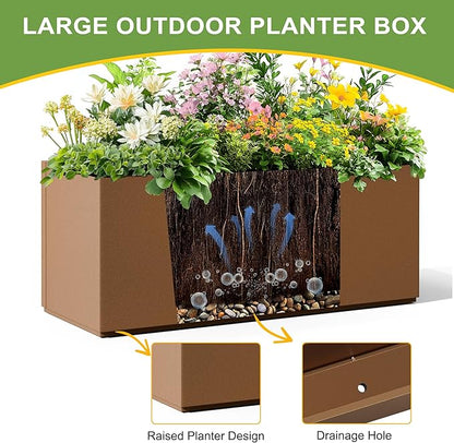 Metal Planter Box Rectangular Planter Box with Drainage Hole, Outdoor Large Planters, All-Weather Use, Rust-Resistance, for Flowers Plants, 38" L × 15" W × 16.3" H, Brown