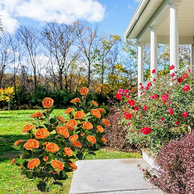 Artificial Camellia Tree with Spike, 36” Tall Faux Artificial Plants Outdoor Flower Tree with Orange Blooming Camellia Flower, Fake Flower Tree for Home, Garden Decor(Orange)