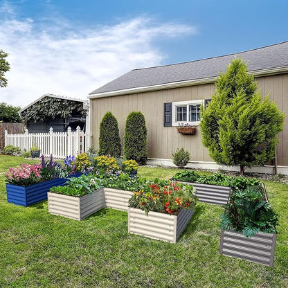 Olle 17" Tall 4 in 1 U Shape Rectangle Shapes L Shape Galvanized Raised Garden Beds Kit Outdoor for Gardening Metal Raised Planter Box for Vegetables Flowers, Ivory