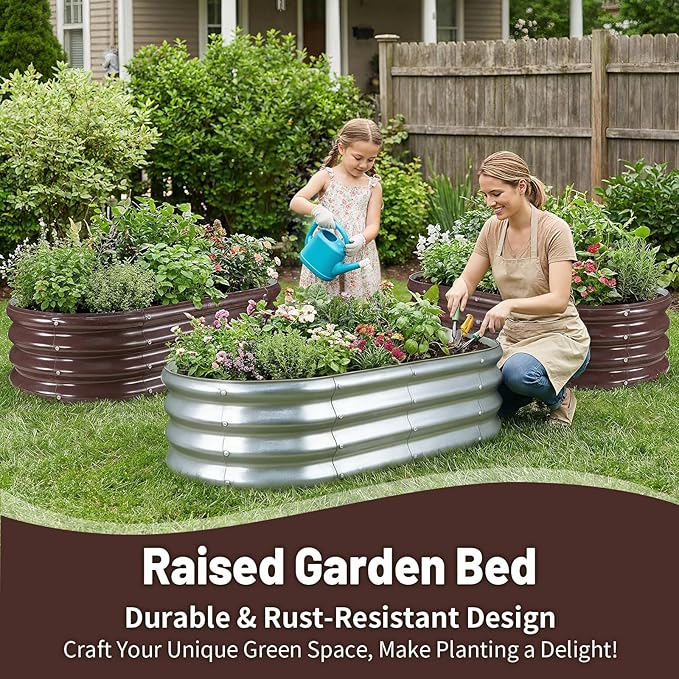 GOOZOO Galvanized Planter Raised Garden Bed, 4x2x1ft Raised Garden Bed Kit for Gardening Outdoor, Oval Metal Land Planter Box for Vegetables, Flowers, Herbs, Fruits, Easy Assembly（Silver）