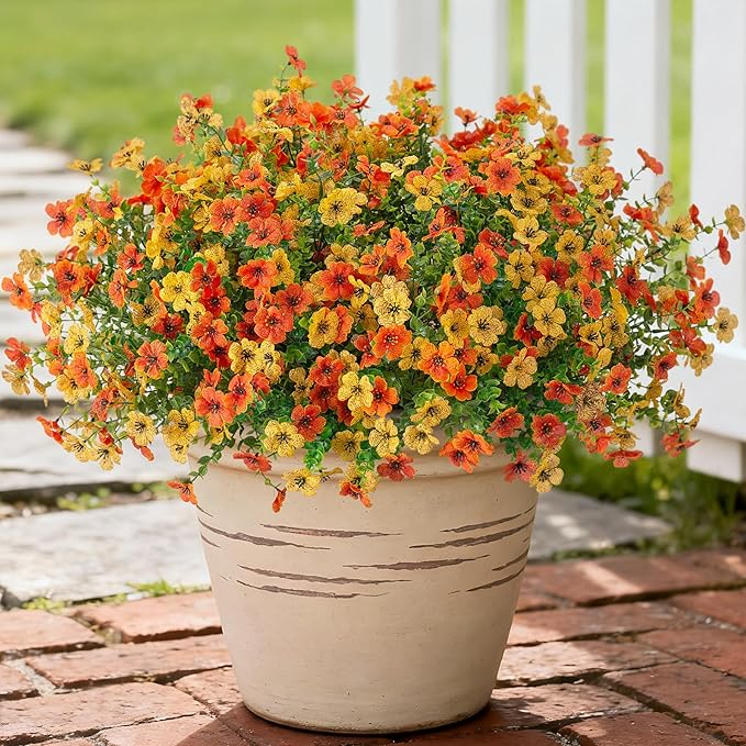 Artificial Fake Plants Flowers for Outdoor Spring Summer Decor,12 Bundles Faux Silk Daisy for Planter Pot Colorful UV Resistant Look Real for Front Door Porch Patio Outside Yard(Yellow Orange)
