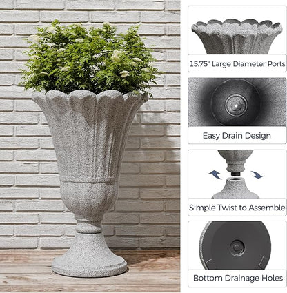 FONTOI 23" Tall Plastic Urn Planter (2-Pack) – Planters for Outdoor Plants with Drainage Holes & Petal Design, Heavy-Duty Classic Indoor Large Flower Pots for Home Garden, Front Porch & Decor, Grey