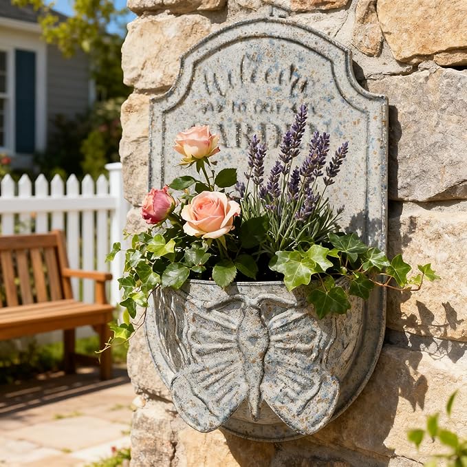 Rustic Metal Wall Planter with Butterfly Design, Welcome to Our Garden Hanging Flower Pot for Outdoor Indoor Decor, Vintage Galvanized Plant Holder for Patio, Porch, Garden