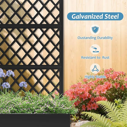 Metal Planter Box with Trellis & Wheels, Raised Garden Bed with Privacy Screen, Outdoor Standing Flower Beds with Drainage Hole for Climbing Plants, Vine, 35.4" L x 15.7" W x 70.9" H, Black