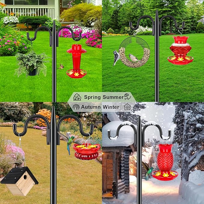 Gtongoko Double Shepherds Hook 92 Inch Bird Feeder Pole 1 Pack 3/4 Inch Thick Heavy Duty Garden Hooks for Outdoor Hanging Hummingbird Feeder, Plant Baskets, Solar Light Lanterns, String Light
