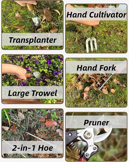 Garden Tool Set, 6PCS Heavy Duty Stainless Steel Gardening Hand Tools with Ropes, Includes Hand Cultivator Shovel Trowel Transplanter 2-in-1 Hoe Pruner Ideal Gardening Gifts for Women Men (Gift Box)