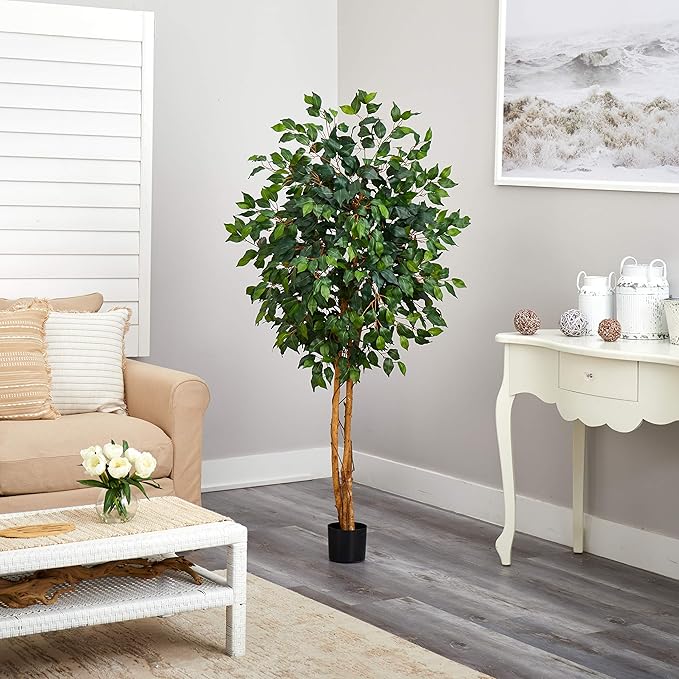 Nearly Natural 5ft Triple Trunk Artificial Ficus Tree with Natural Wood Trunks, Fake Tree for Indoor Home Décor, Faux Ficus Tree with Black Nursery Pot