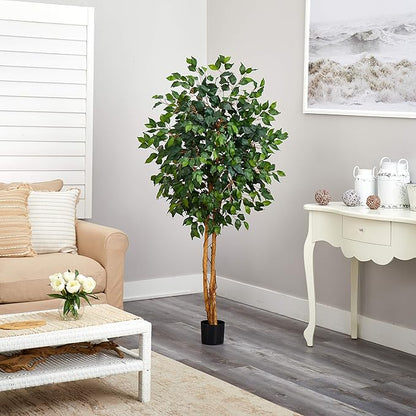 Nearly Natural 5ft Triple Trunk Artificial Ficus Tree with Natural Wood Trunks, Fake Tree for Indoor Home Décor, Faux Ficus Tree with Black Nursery Pot
