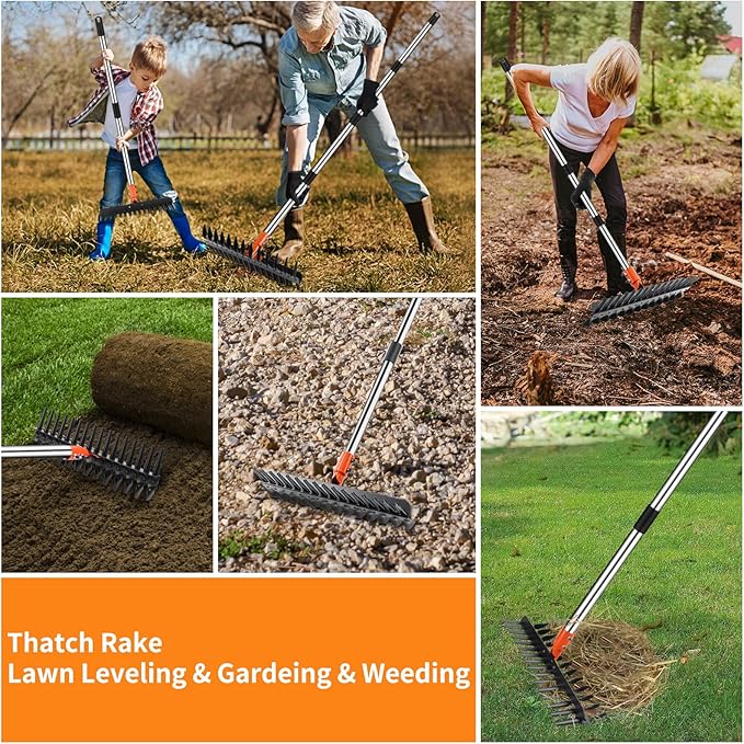 Thatch Rake for Lawns - 15” Wide Dethatcher Rake with Upgraded Dual-Action Tines & 57” Adjustable Handle, Heavy Duty Steel Garden Rake Includes Reusable Waste Bag and Gloves