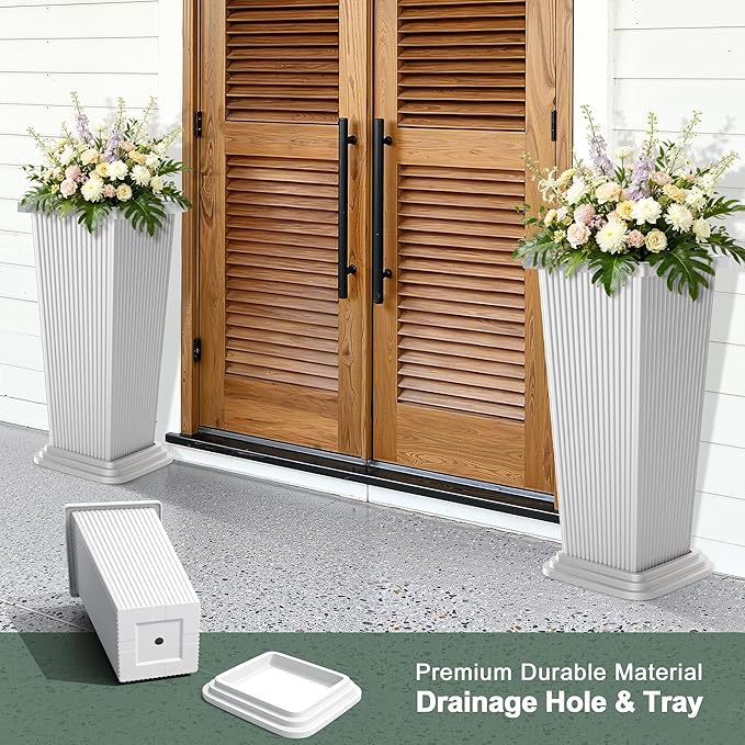 Tall Planters Set of 2, Large Indoor Outdoor Flower Pots with Tray Modern Tapered Planter for Patio, Garden, Porch, Backyard (White Ribbed 24")