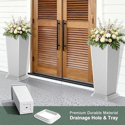Tall Planters Set of 2, Large Indoor Outdoor Flower Pots with Tray Modern Tapered Planter for Patio, Garden, Porch, Backyard (White Ribbed 24")