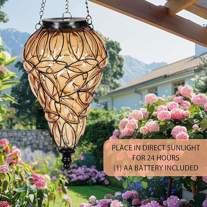 Solar Hanging Lantern Outdoor Garden Lights, Tear-Shaped Glass and Metal Hanging Lantern, 15 Firefly LED Lights, 7 x 24 Inch (Amber)