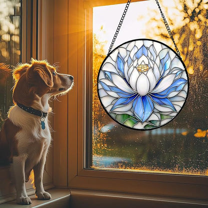 Stained Glass Window Hanging - Blue and White Lotus Petal Suncatcher for Doors Window Home Sun Catchers Decor Christmas Mother's Day July Birthday Gifts for Teacher Women Men Mom Nana 9.8 in
