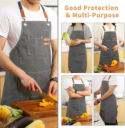 Tosewever 2 Pack Canvas Cross Back Chef Apron for Men Women with Pockets, Cotton Tool Aprons for Cooking Kitchen BBQ Artist