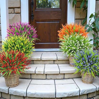 Ouddy Decor 24 Bundles Artificial Flowers for Outdoors, Fake Lavender Flowers Monkey Grass Faux Plastic Plants Shrubs UV Resistant for Porch Garden Window Box Office Home Decorations, White
