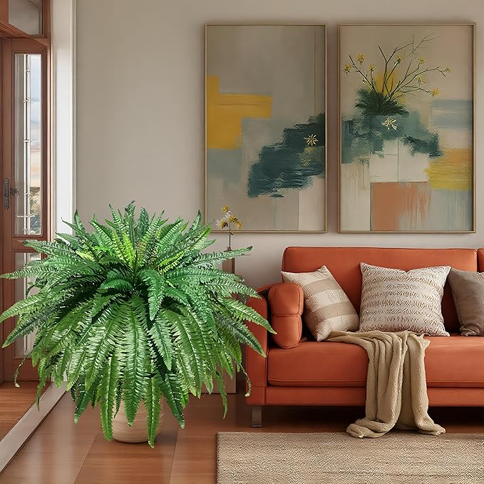 Artificial Ferns for Outdoors Large Greenery Plants, Set of 2 Fake Ferns, 48in Lifelike Faux Fern with 88 Branches Ideal for Porch Windowsill Indoor Home Decor, Planters Potted or Hanging