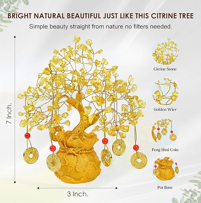 Citrine Crystal Tree with Artificial Coin Pot Base Bonsai Tree for Home & Office Decor Good Luck 6 Feng Shui Coins Money Tree Yellow Crystal Spiritual Gifts for Women Mom Sister Desk Bookshelf Decor