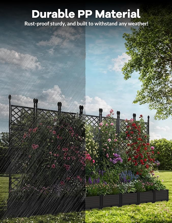 7 PCS Raised Garden Bed with Trellis, 116 in W x 63"Tall Plastic Planter Box for Climbing Plants, Outdoor Vertical Garden with Privacy Screen for Patio, Balcony, Backyard – Sturdy & Lightweight