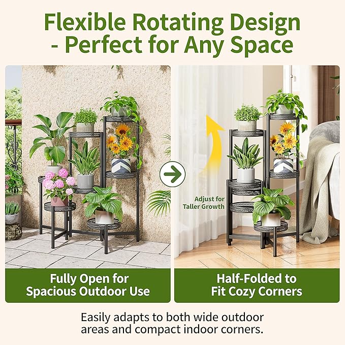 7 Tier Large Metal Plant Stand Indoor Outdoor with 7.9 Inch Wide Tray, Tiered Corner Plant Stand, Flower Display Holder Shelf, Folding Tall Rack for Patio Porch Balcony Living Room Garden - BlackWave