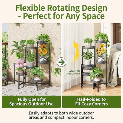 7 Tier Large Metal Plant Stand Indoor Outdoor with 7.9 Inch Wide Tray, Tiered Corner Plant Stand, Flower Display Holder Shelf, Folding Tall Rack for Patio Porch Balcony Living Room Garden - BlackWave