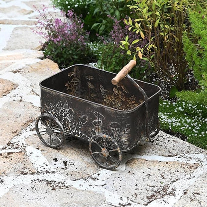Flower Cart with Wooden Handles, Metal Wagon Planters for Outdoor Plants, Garden Planter with Wagon Wheels, Decorative Wheelbarrow, Plant Cart for Patio Garden Balcony (Brown)