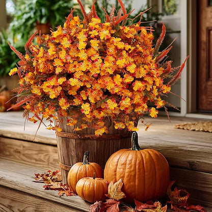 Artificial Fall Flowers for Outdoors Fake Mums - 16 Bundles Faux Fall Decor Plants No Fade Shrubs (16, OrangeGreen)