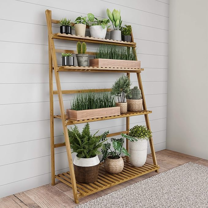 Pure Garden Ladder Plant Stand-4 Tier Freestanding Bamboo Storage Shelf-Foldable Indoor/Outdoor Rack for Flowerpots, Planters, Shoe Rack or Display
