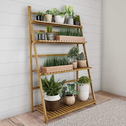 Pure Garden Ladder Plant Stand-4 Tier Freestanding Bamboo Storage Shelf-Foldable Indoor/Outdoor Rack for Flowerpots, Planters, Shoe Rack or Display
