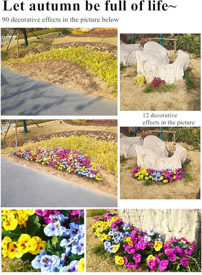 QIANYUN Fake Flowers-13in Pansy Small Wild Flower Artificial Plants Outdoor Plastic Purple Flowers for Home Wedding Kitchen Garden Table Centerpieces Indoor Outdoor Decor (Mixed Color)
