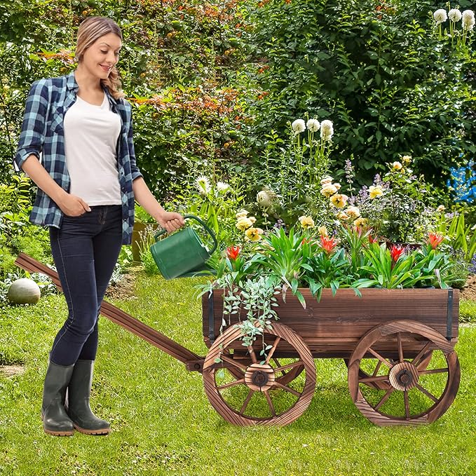 Tangkula Wooden Wagon Planter Box, Decorative Garden Planter w/Wheels, Handle, Drain Hole, Rustic Wooden Flower Cart for Indoor & Outdoor Decor for Patio, Garden, Balcony (29.5" L x 17" W x 21" H)