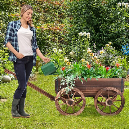 Tangkula Wooden Wagon Planter Box, Decorative Garden Planter w/Wheels, Handle, Drain Hole, Rustic Wooden Flower Cart for Indoor & Outdoor Decor for Patio, Garden, Balcony (29.5" L x 17" W x 21" H)