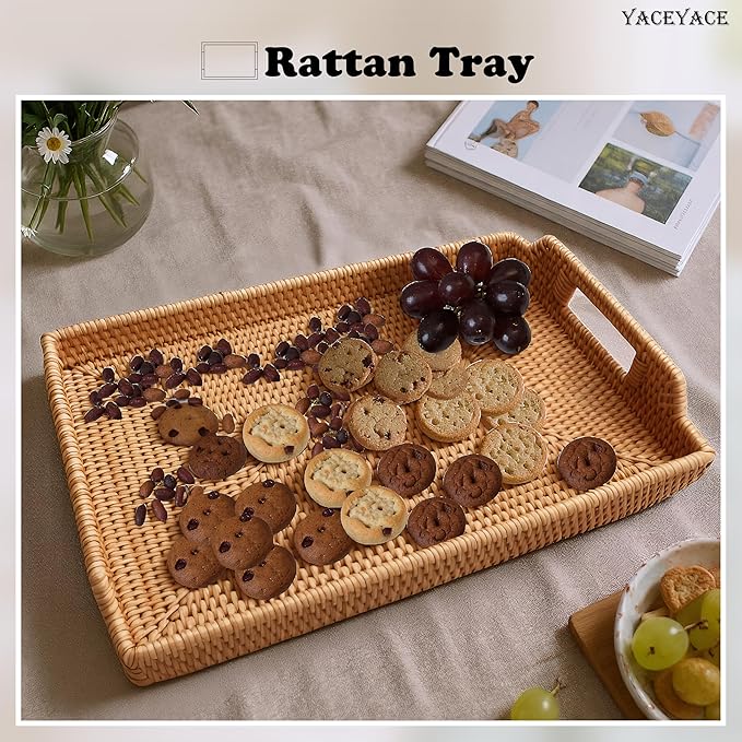 Rattan Tray Bulk, Rattan Serving Trays with Handles, Rectangular Basket, Hand Woven Tray for Home, Ottoman, Dining, 15" H x 11" L x 2" W