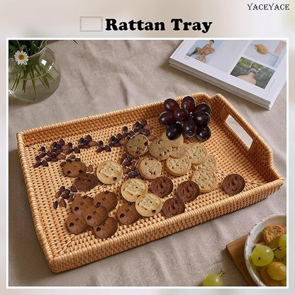 Rattan Tray Bulk, Rattan Serving Trays with Handles, Rectangular Basket, Hand Woven Tray for Home, Ottoman, Dining, 15" H x 11" L x 2" W
