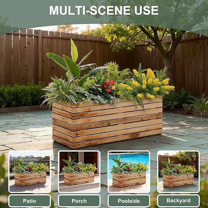 Rectangular Planters for Outdoor Plants, Large Planter Box with Drainage Holes, Metal Balck Palnters for Patio, Garden (38" L x 15" W x 16" H, Walnut Wood Grain)